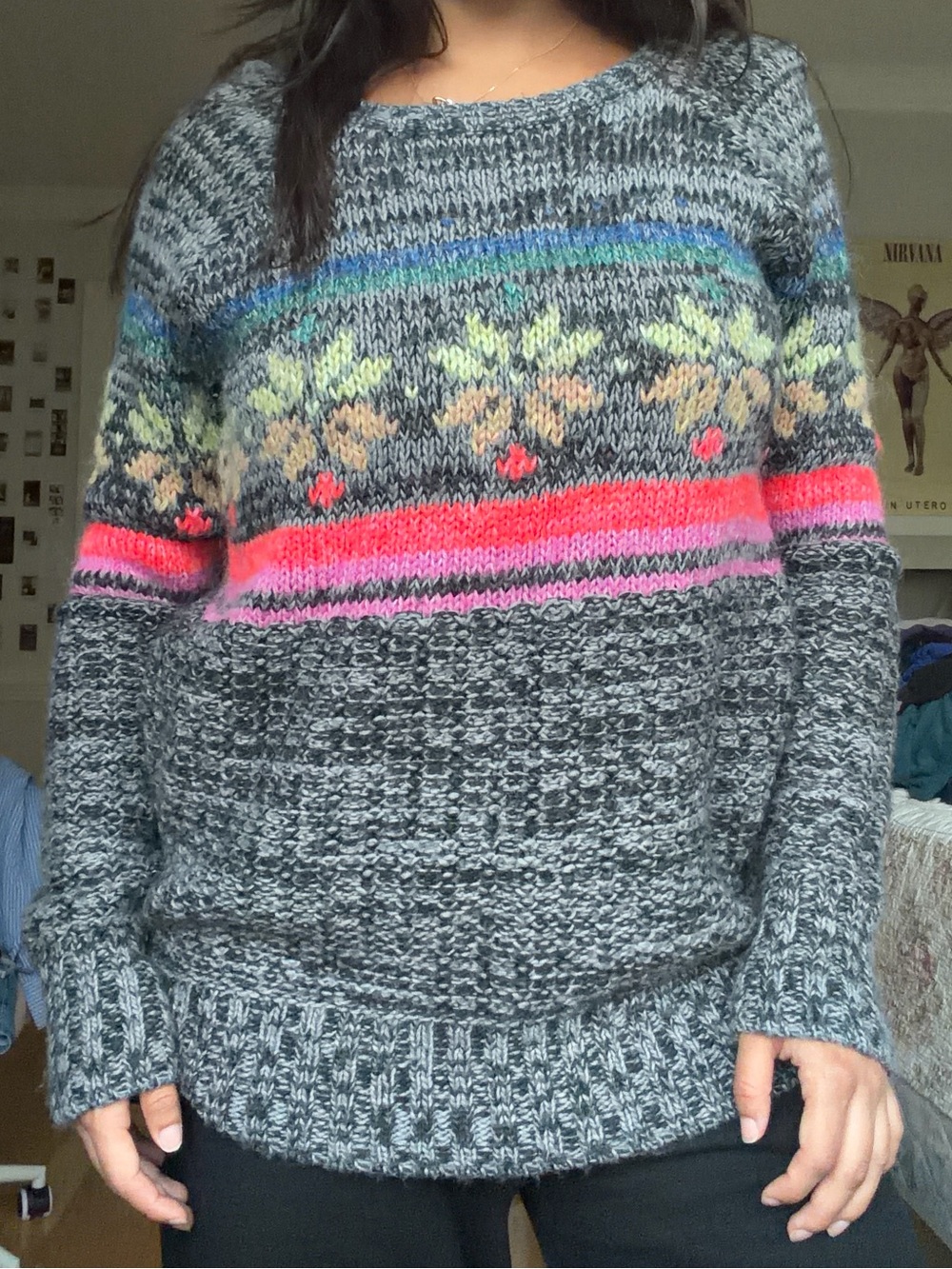 American Eagle Outfitters Grey Fair Isle Crewneck Sweater with multicolor Stripe